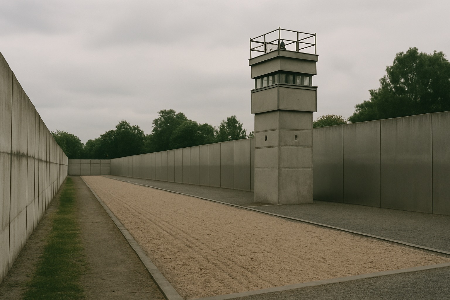 Reconstructed section of the Berlin Wall death strip with watchtower at the Bernauer Straße Memorial