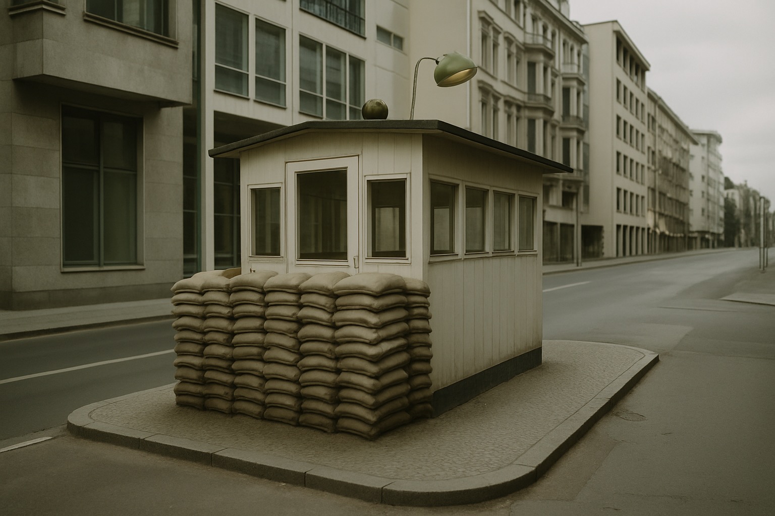 Reconstructed Checkpoint Charlie guardhouse and Allied crossing sign on Friedrichstraße in Berlin