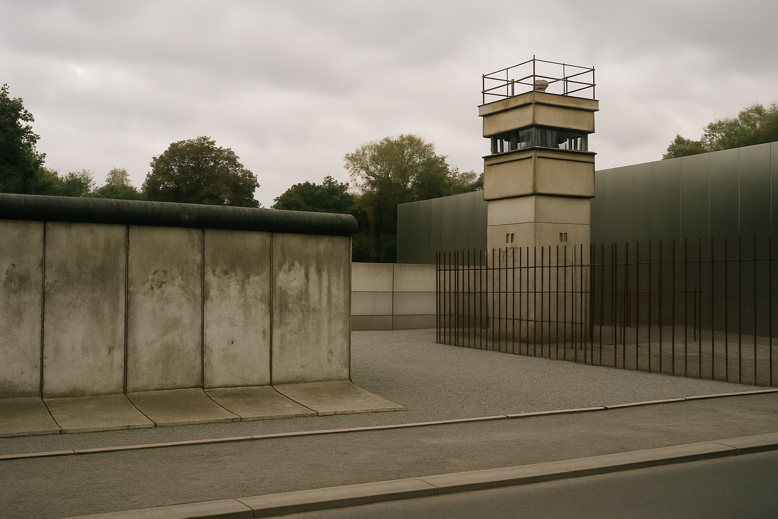 Preserved section of the Berlin Wall with watchtower along the former death strip at the Bernauer Straße Memorial