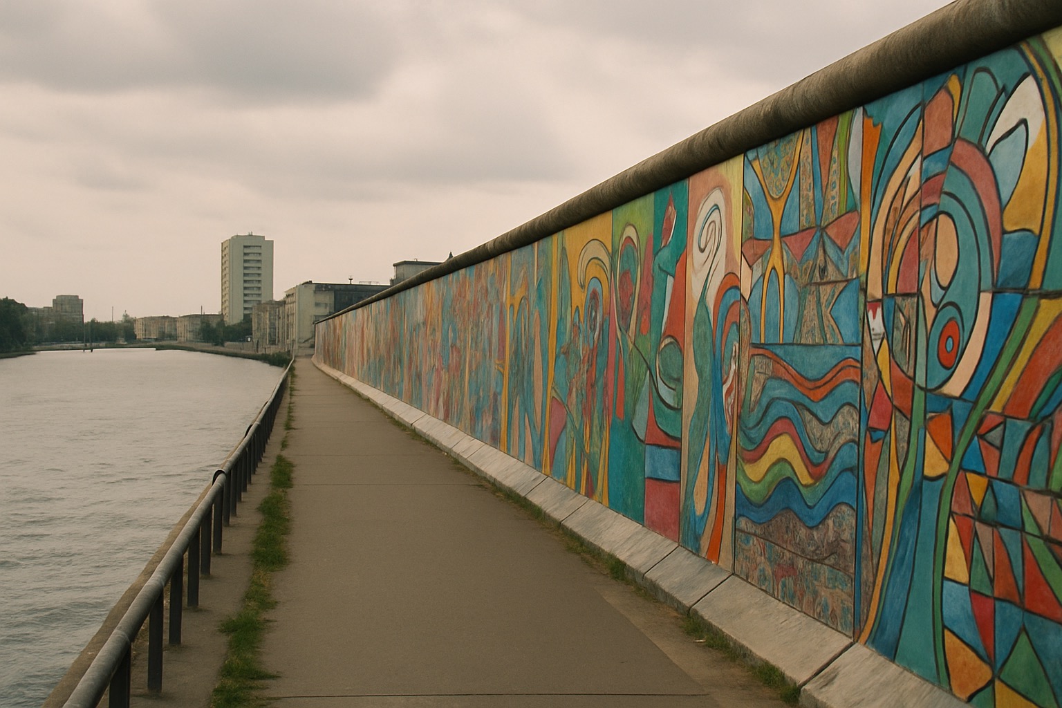 Colourful murals painted on a long surviving stretch of the Berlin Wall at the East Side Gallery along the Spree