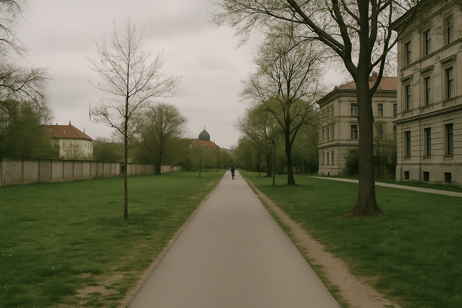 Cyclists and walkers on the signed Berlin Wall Trail path along a former border strip lined with trees, Berlin