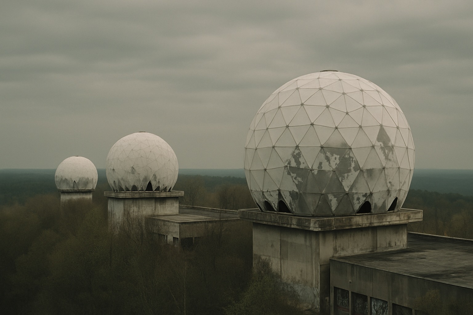 Abandoned Cold War listening station radome domes on top of Teufelsberg hill in the Grunewald forest, Berlin
